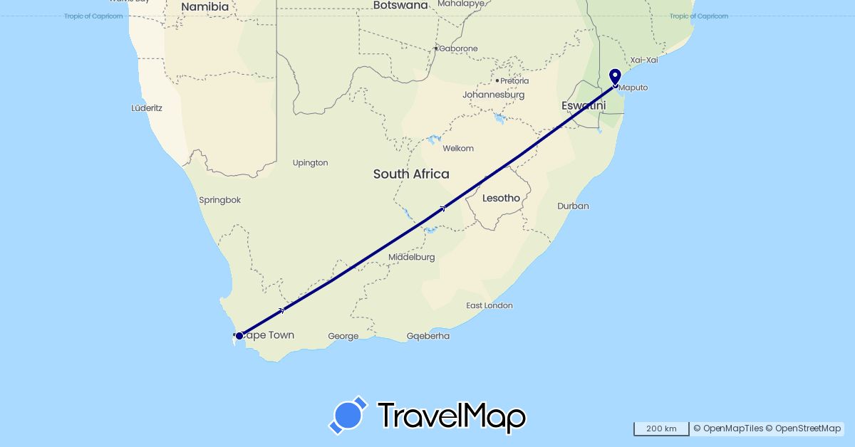 TravelMap itinerary: driving in Mozambique, South Africa (Africa)